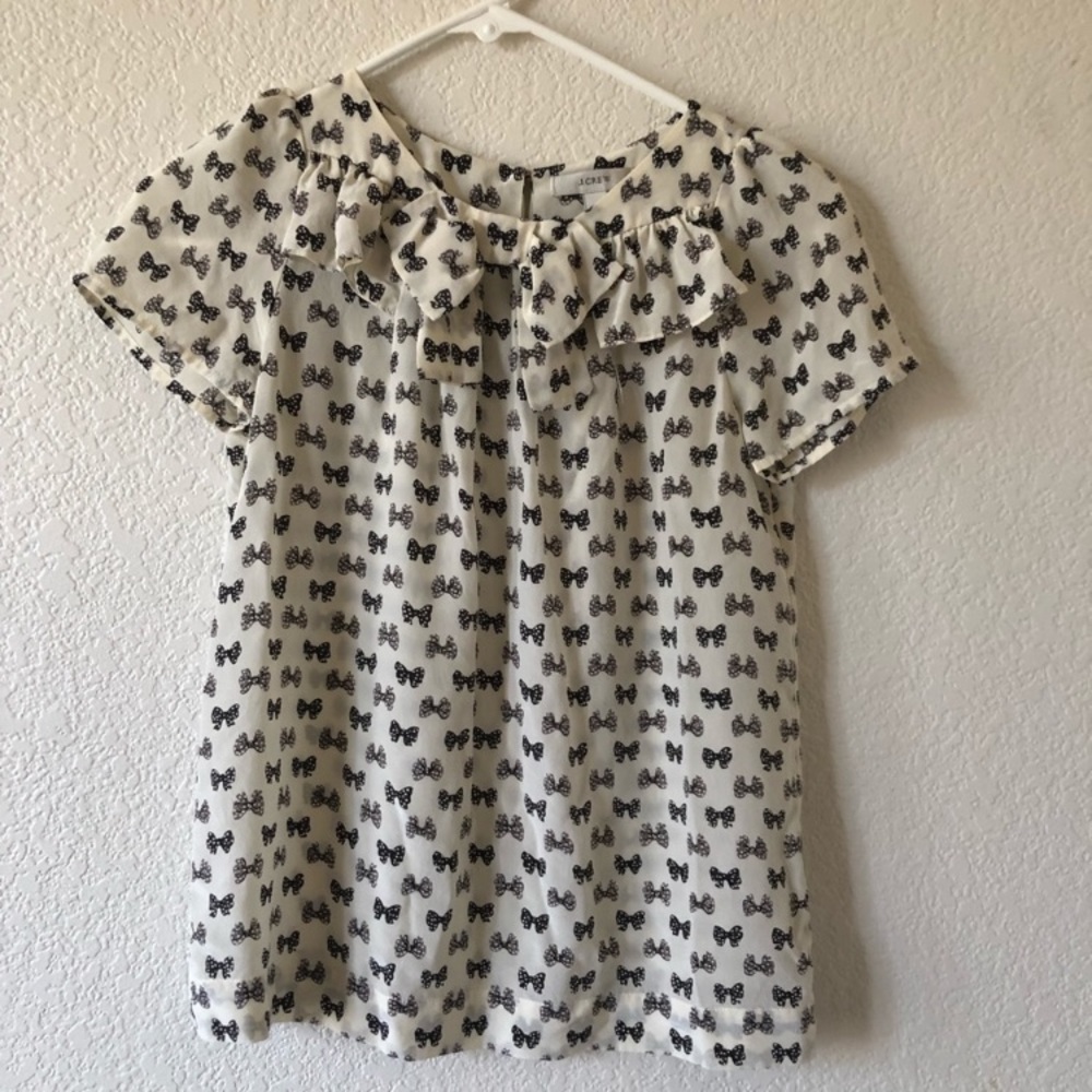 J.Crew Size 00 Silk White Black Bow tie Blouse